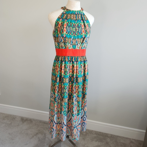 Eliza J Pleated Smocked Orange and Green Resort Maxi Dress - Picture 2 of 13